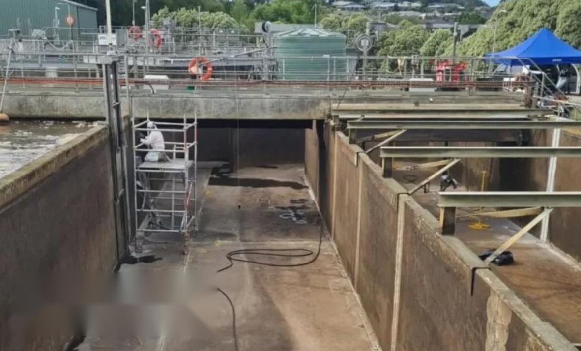 Scaffold inside a channel at the Warragul Wastewater Treatment Plant
