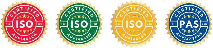 Certified to ISO 9001, ISO 14001, ISO 45001, and PAS 99